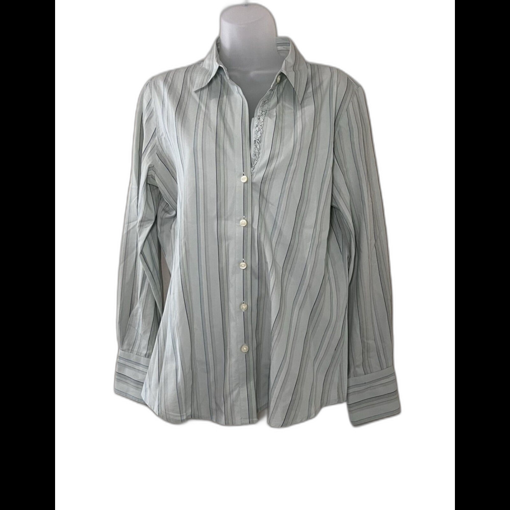 Old Navy Women’s Sage Green Striped Button‑Up Blouse Size M Ruffle Detail